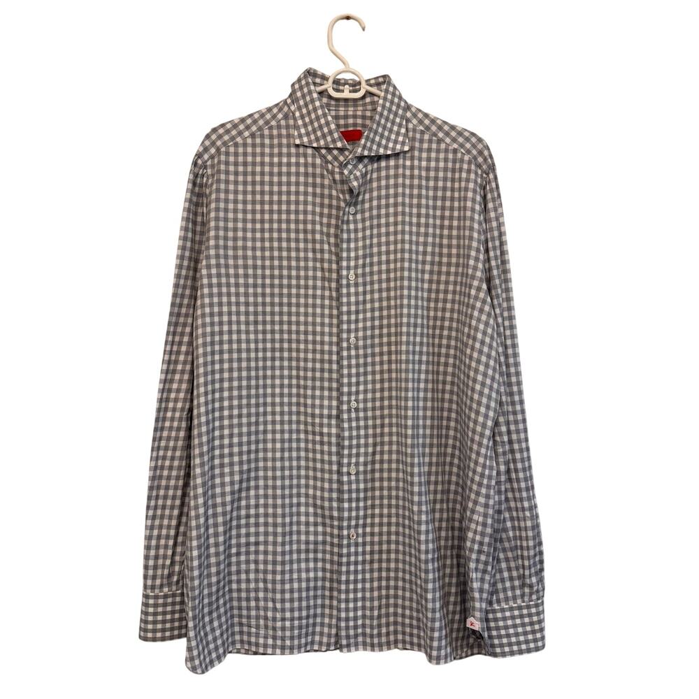 ISAIA Gray White Gingham Check LS Button Up Dress Shirt Italian Menswear Size 43
